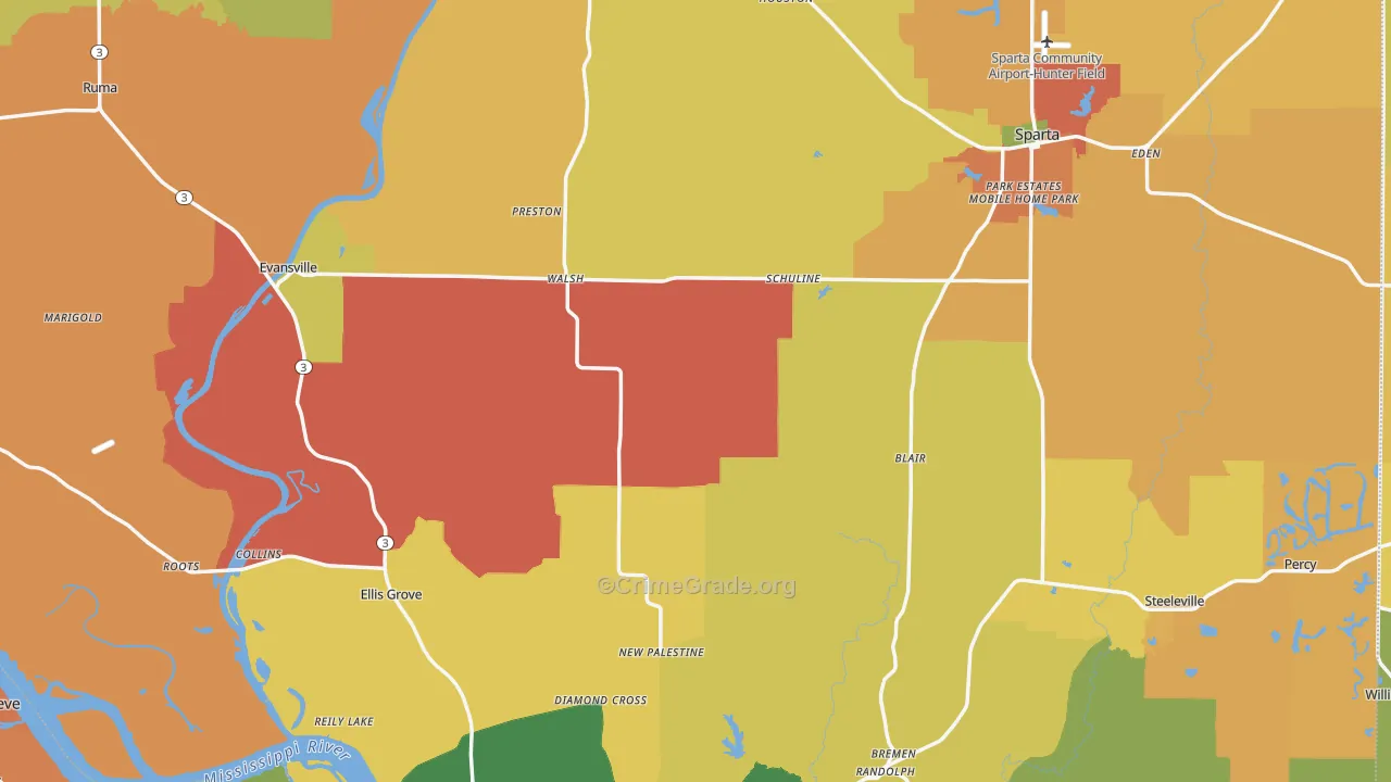 Randolph County, IL Map of Burglary Rates