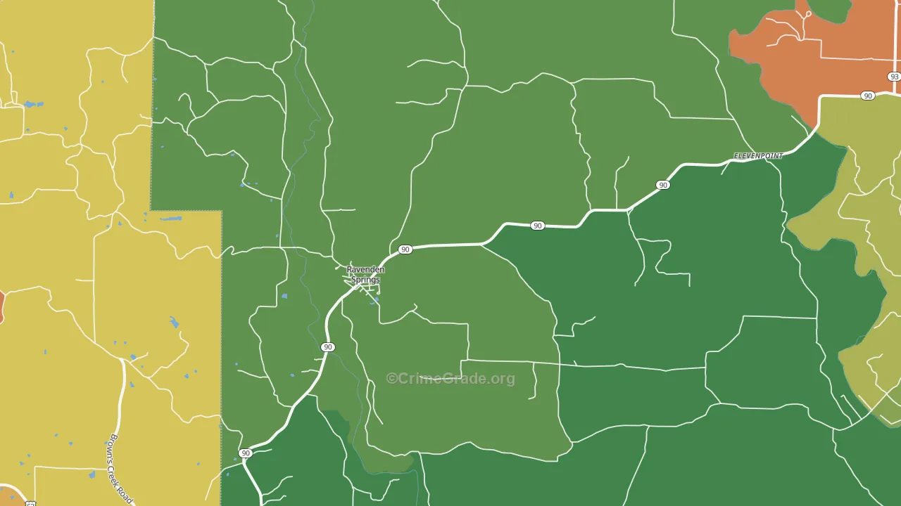 Ravenden Springs, AR Map of Burglary Rates