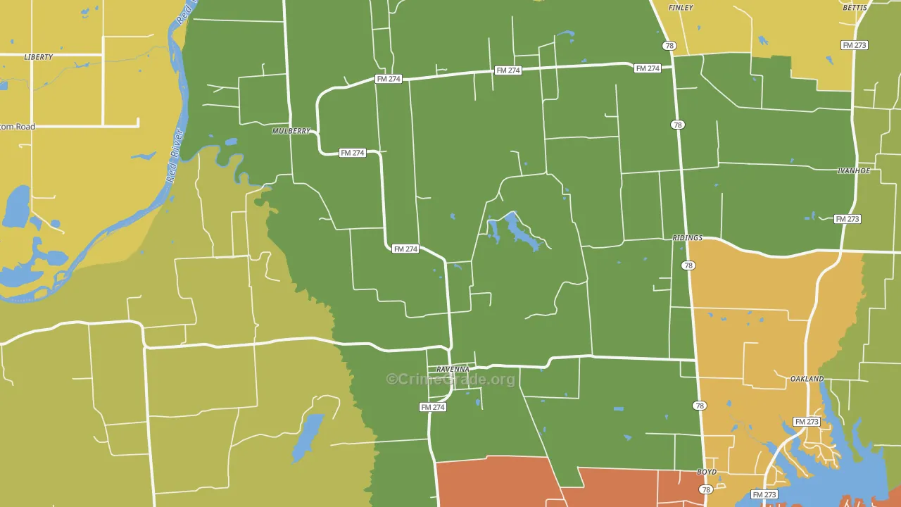 Ravenna, TX Map of Burglary Rates