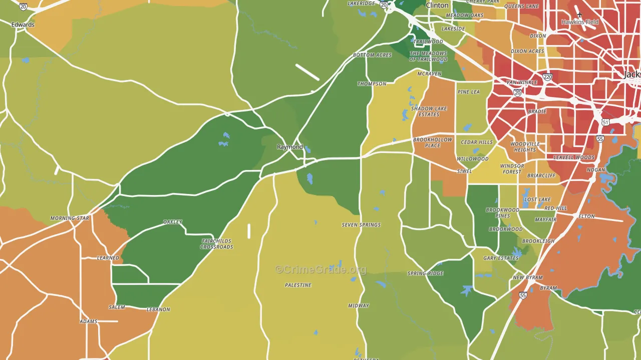 Raymond, MS Map of Burglary Rates