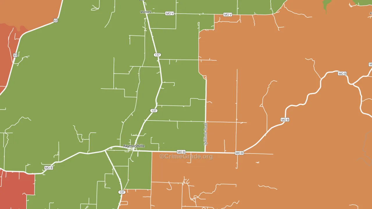 Raymondville, MO Map of Burglary Rates