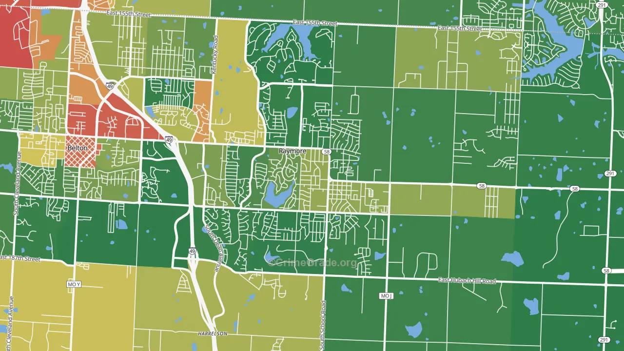 Raymore, MO Map of Burglary Rates
