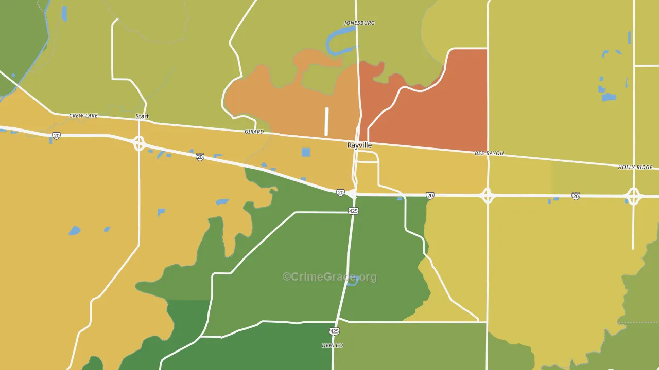 Rayville, LA Map of Burglary Rates