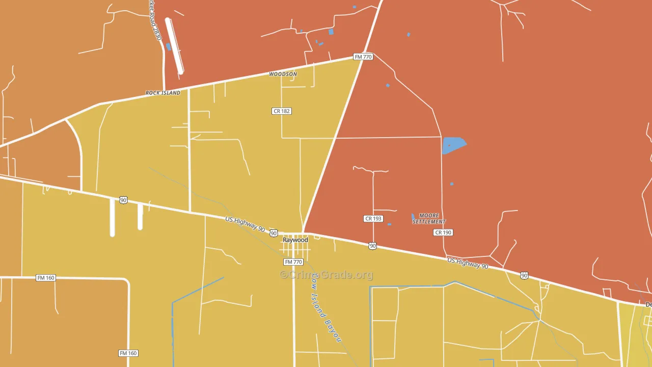 Raywood, TX Map of Burglary Rates