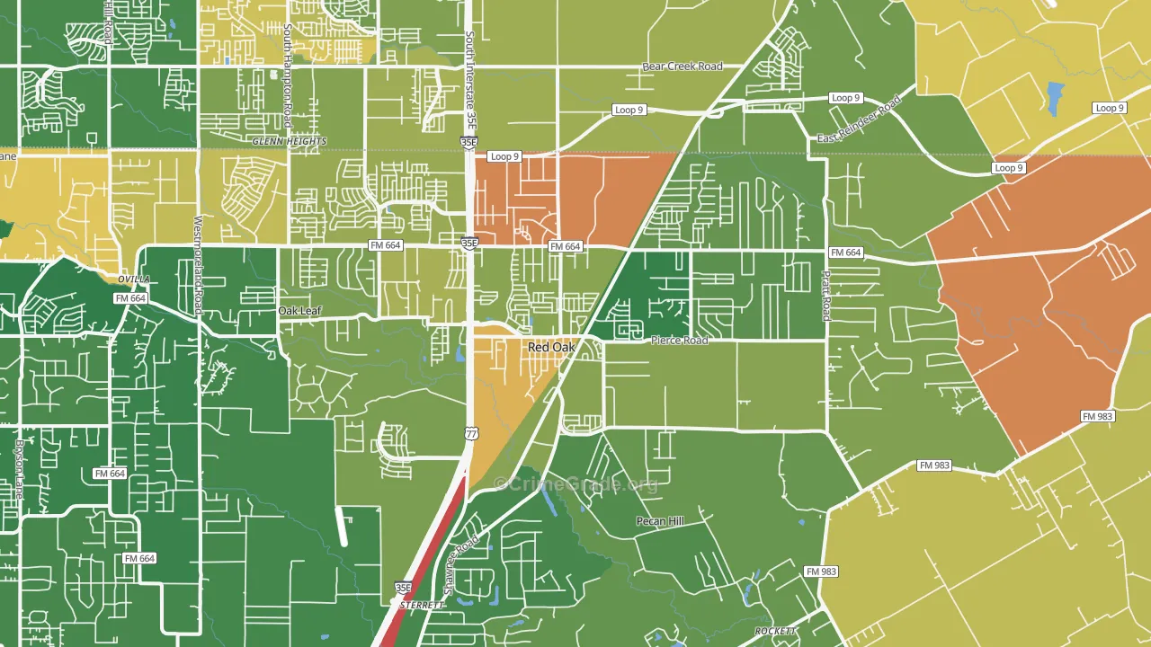 Red Oak, TX Map of Burglary Rates