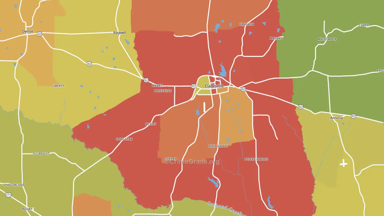 Red River County, TX Map of Burglary Rates