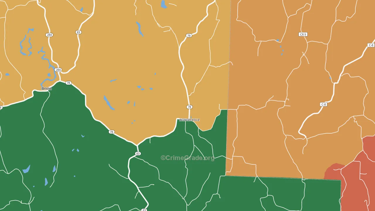 Reinersville, OH Map of Burglary Rates