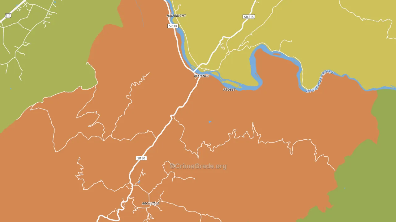 Reliance, TN Map of Burglary Rates
