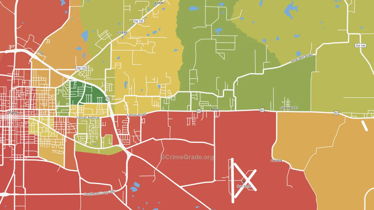 Reno, TX Map of Burglary Rates