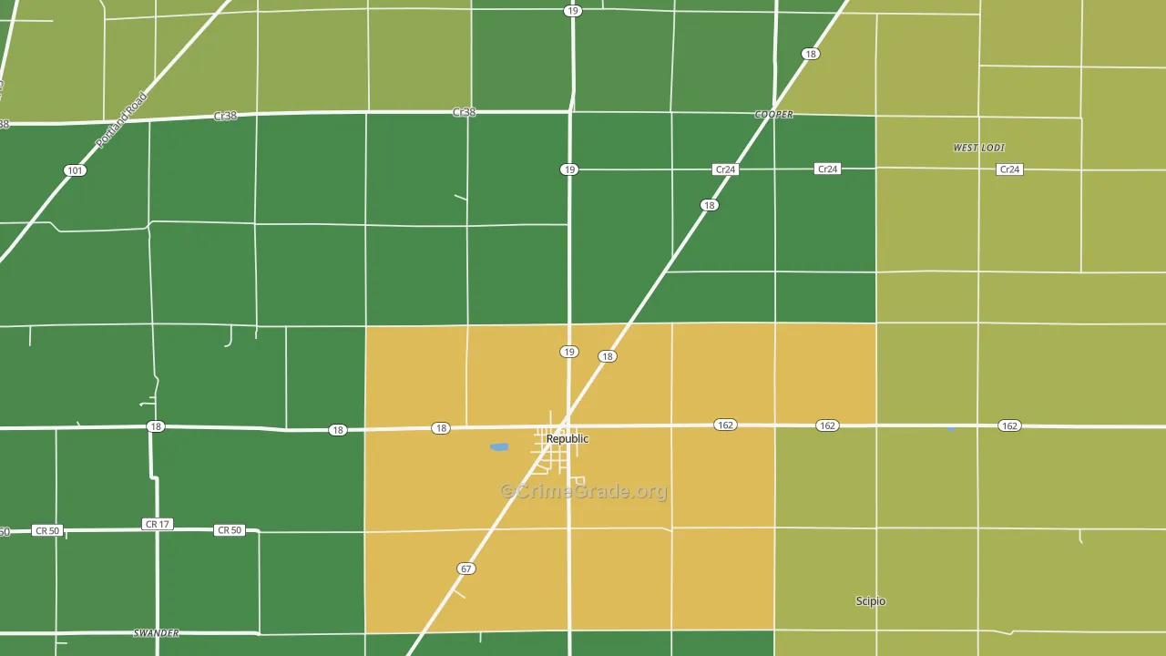 Republic, OH Map of Burglary Rates