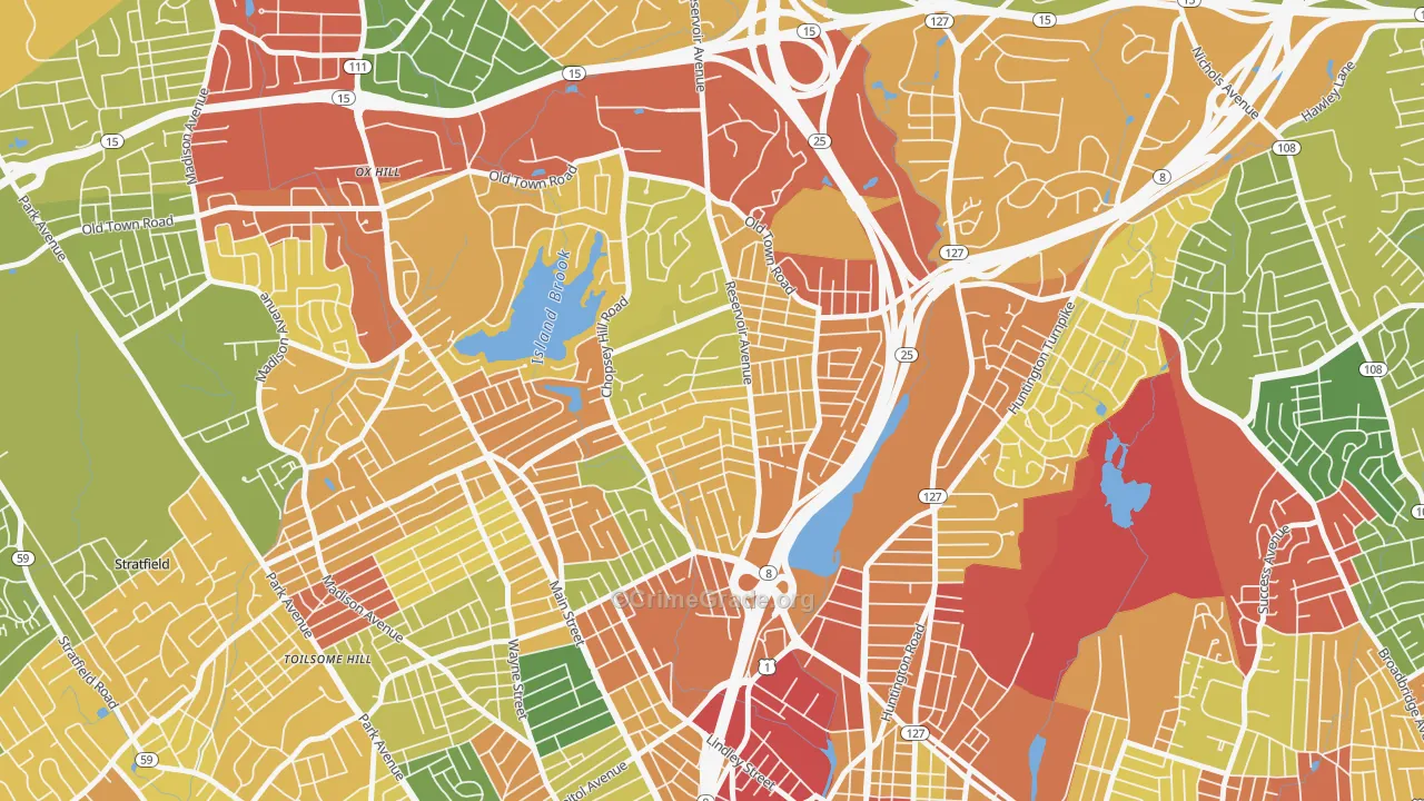 Reservoir-Whiskey Hill, Bridgeport, CT Map of Burglary Rates
