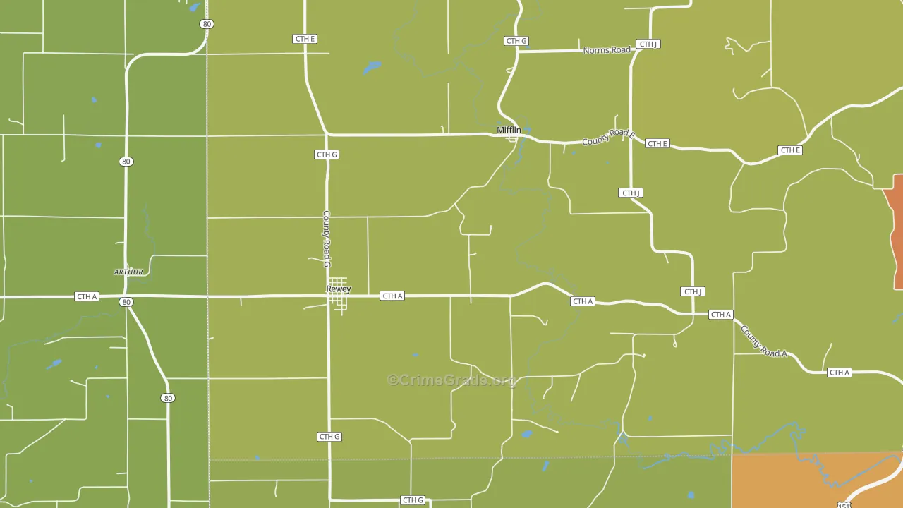 Rewey, WI Map of Burglary Rates