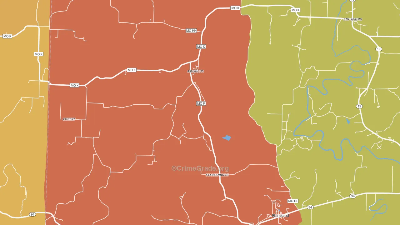 Rhineland, MO Map of Burglary Rates