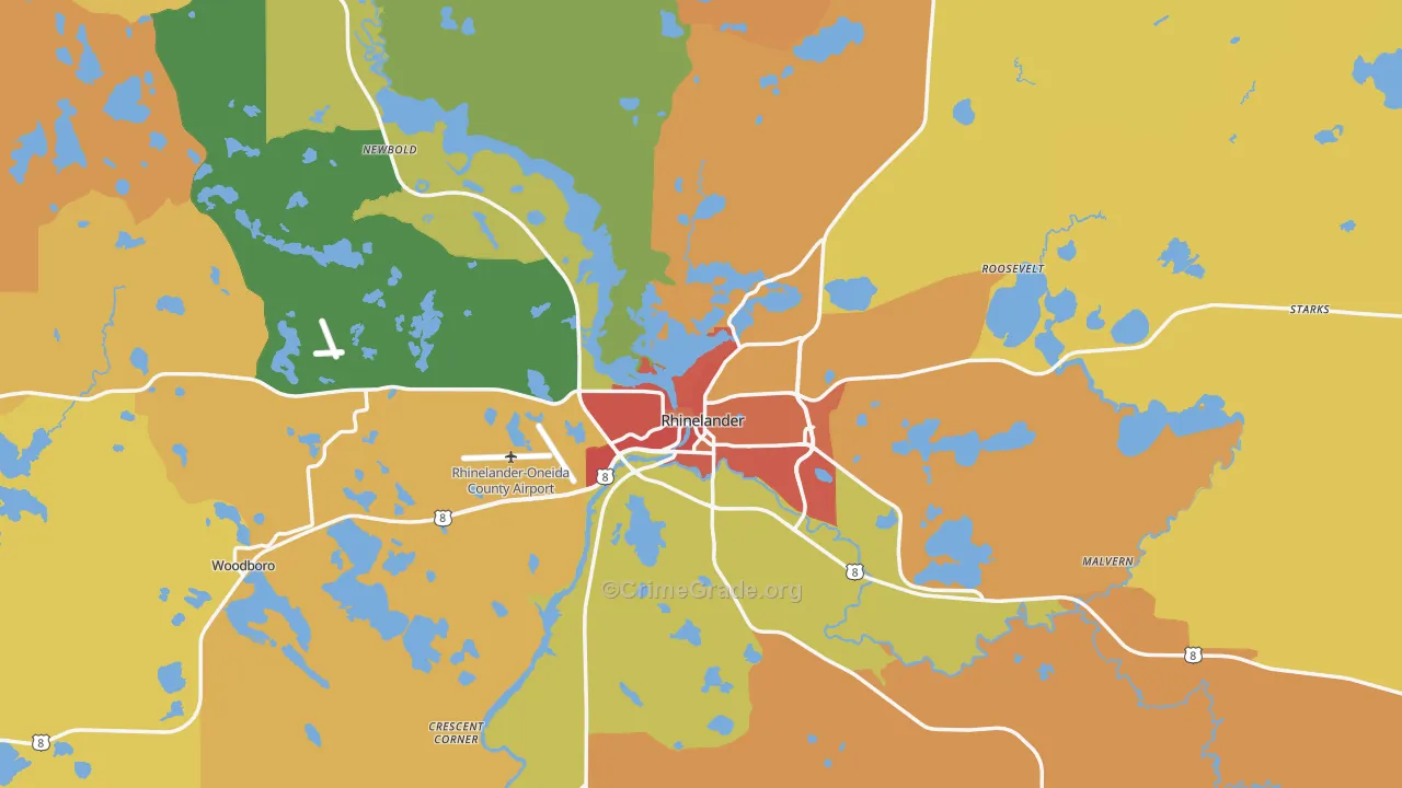 Rhinelander, WI Map of Burglary Rates
