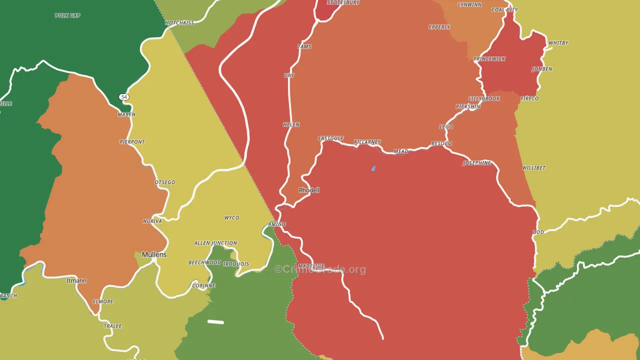 Rhodell, WV Map of Burglary Rates