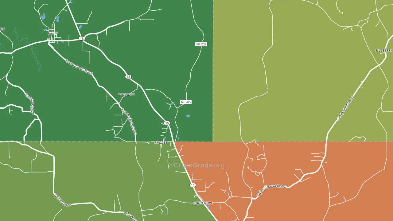 Rhodes, MS Map of Burglary Rates