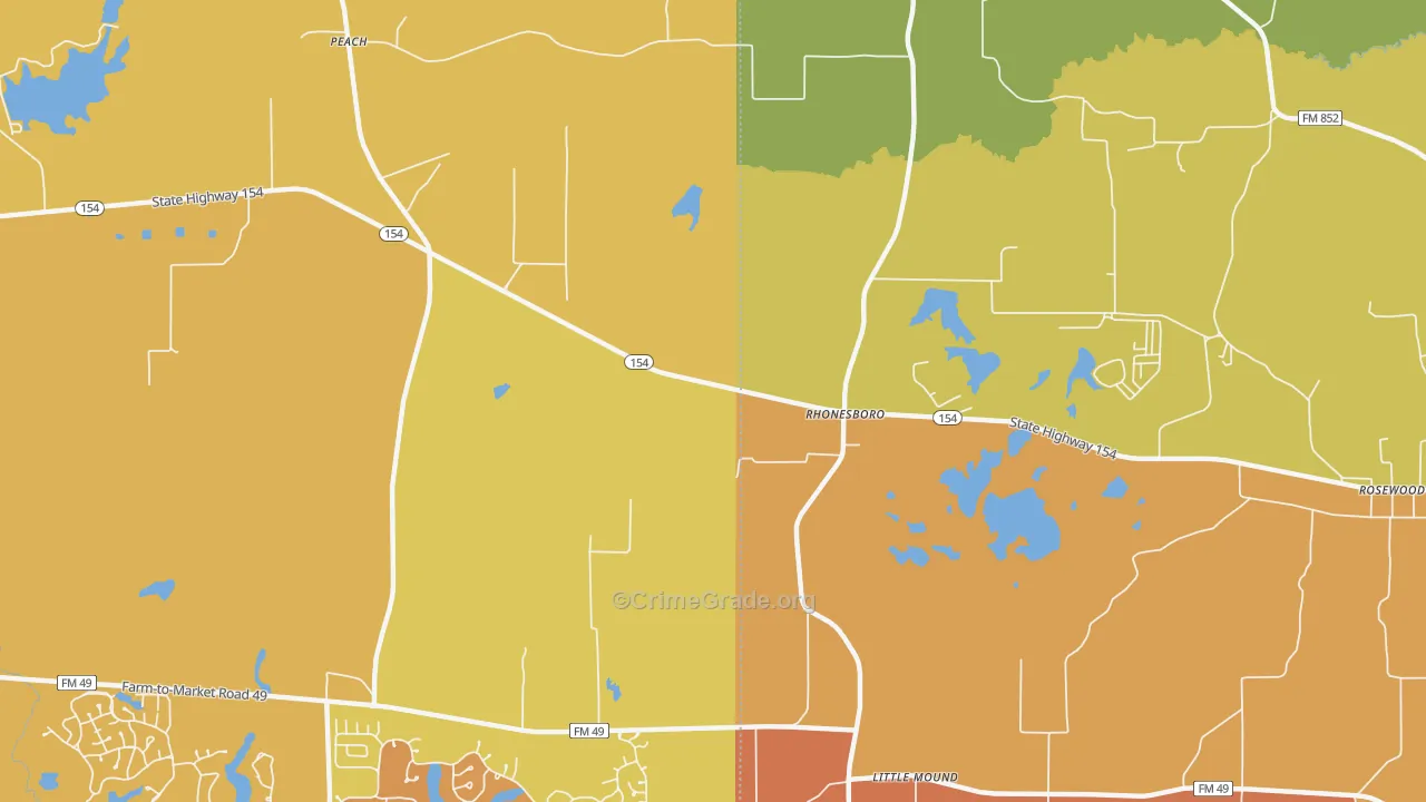 Rhonesboro, TX Map of Burglary Rates