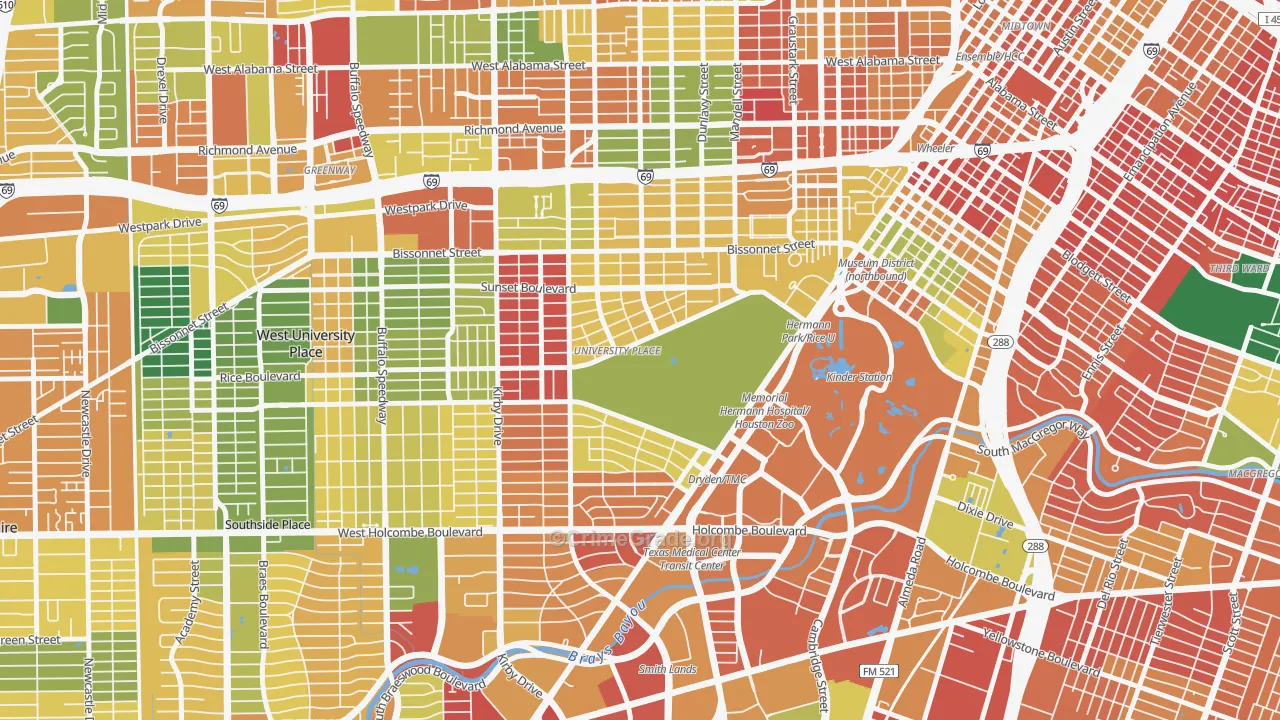 Rice, Houston, TX Map of Burglary Rates