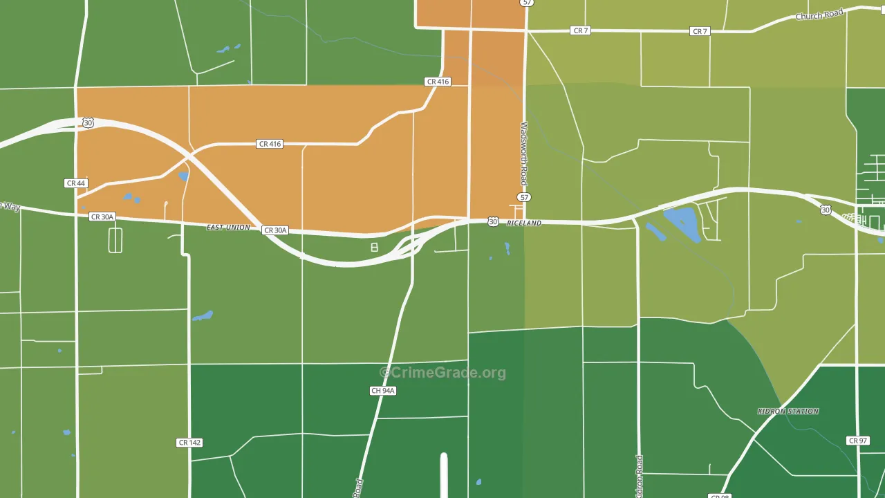 Riceland, OH Map of Burglary Rates