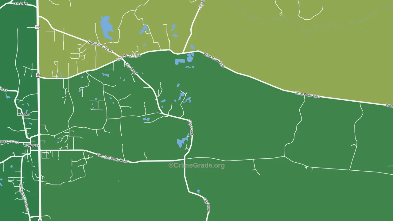 Riceville, MS Map of Burglary Rates