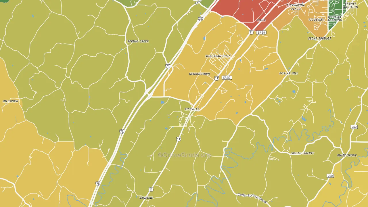 Riceville, TN Map of Burglary Rates