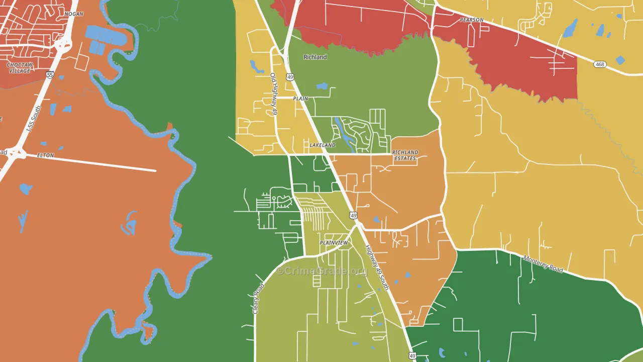 Richland, MS Map of Burglary Rates