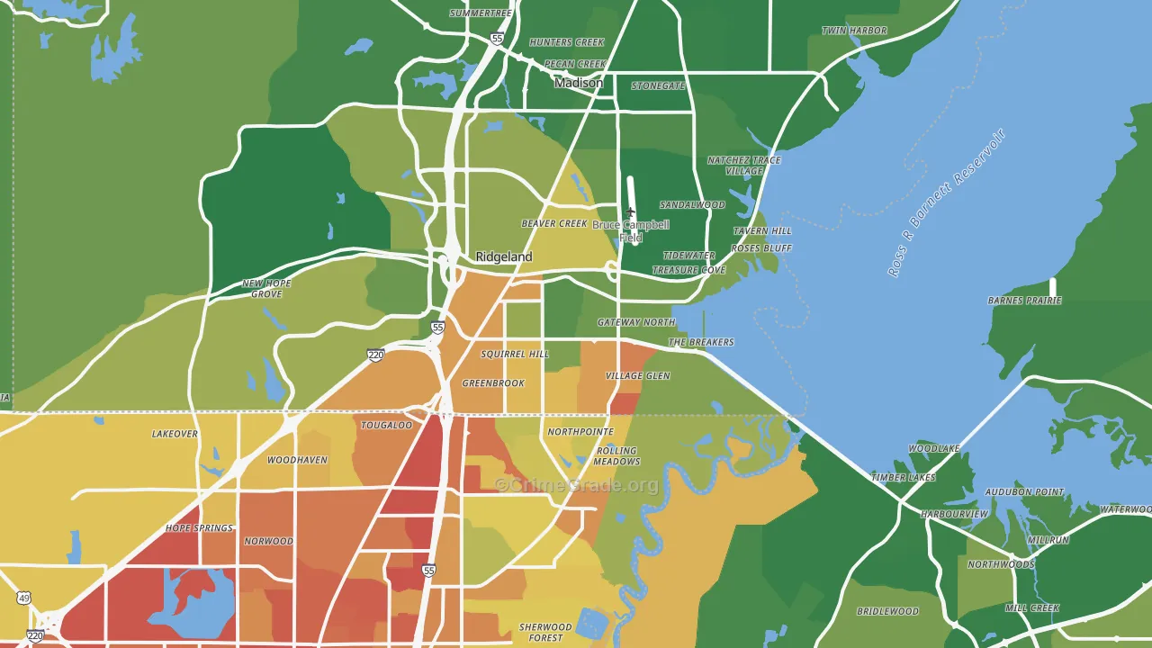 Ridgeland, MS Map of Burglary Rates