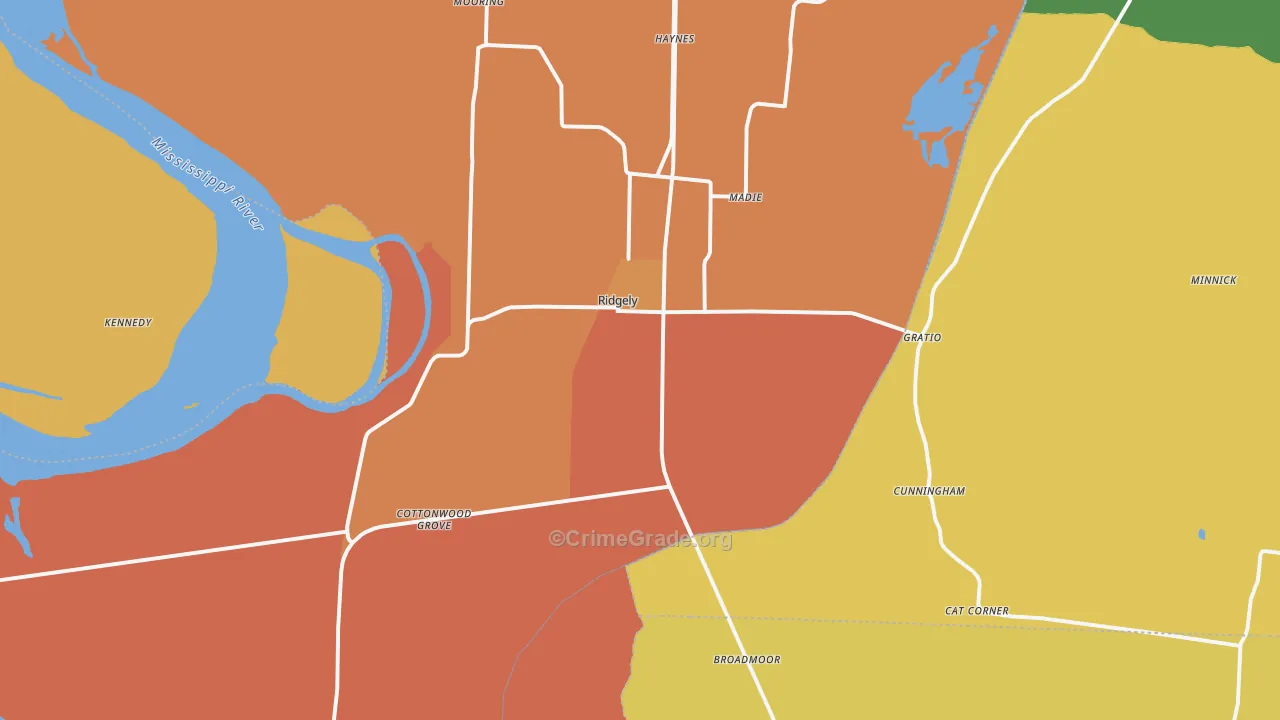 Ridgely, TN Map of Burglary Rates