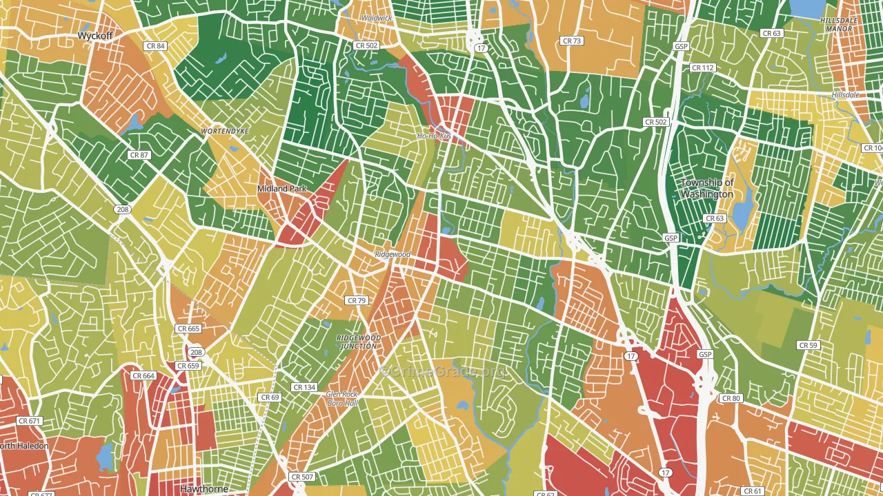 Ridgewood, NJ Map of Burglary Rates