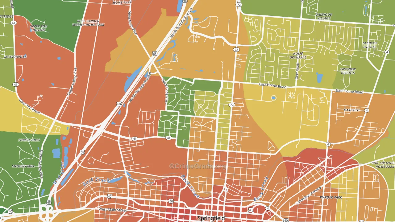 Ridgewood, Springfield, OH Map of Burglary Rates