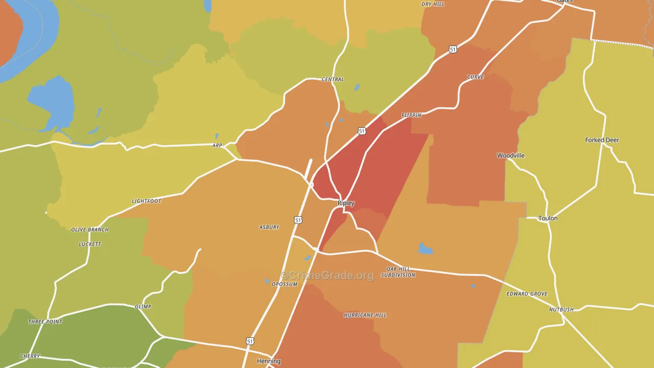 Ripley, TN Map of Burglary Rates