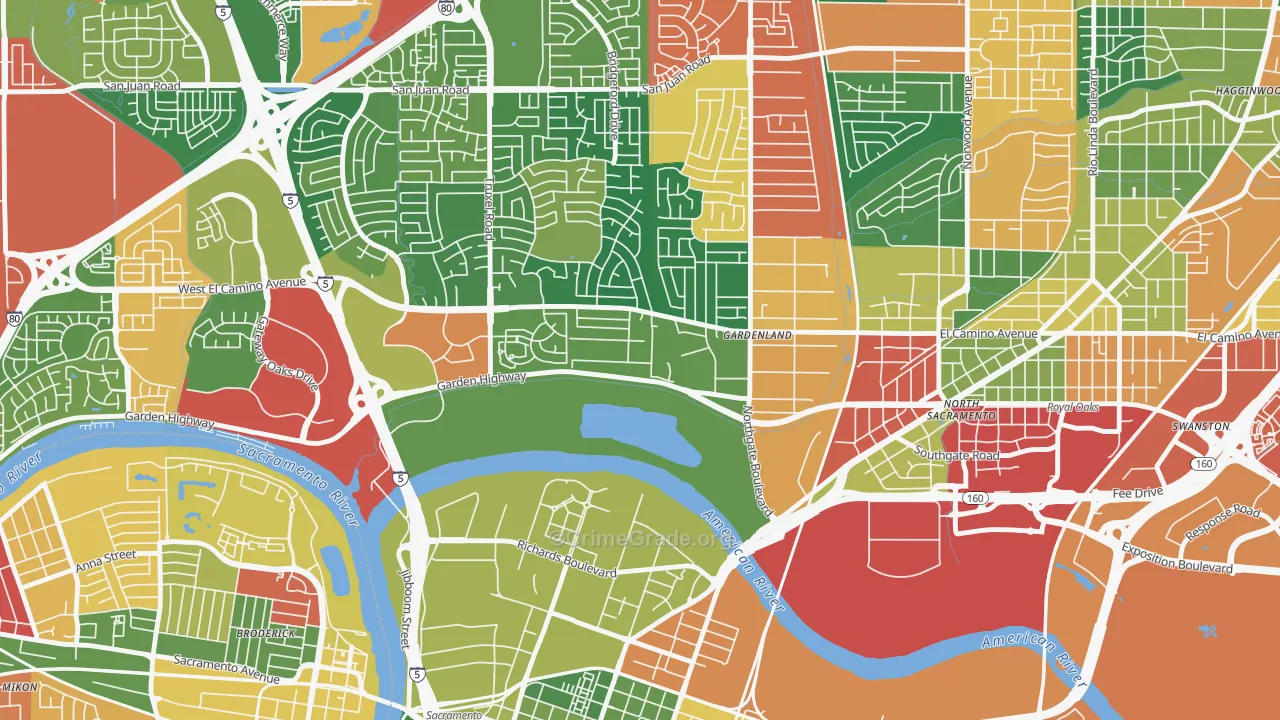 River Gardens, Sacramento, CA Map of Burglary Rates