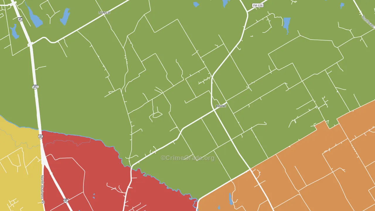 Roane, TX Map of Burglary Rates