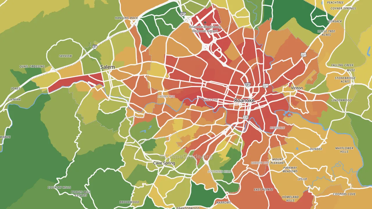 Roanoke County, VA Map of Burglary Rates