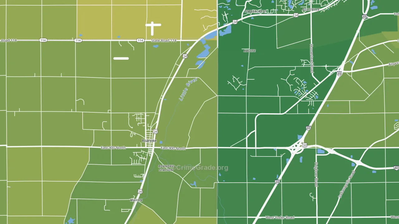 Roanoke, IN Map of Burglary Rates