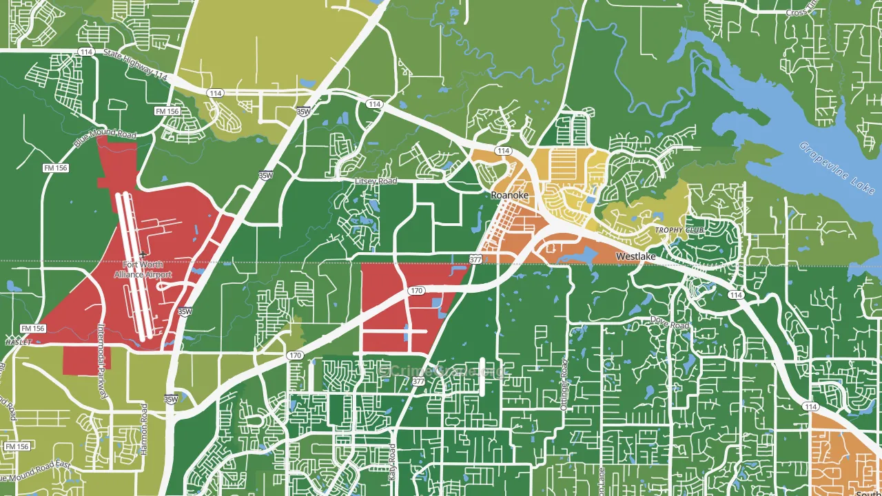 Roanoke, TX Map of Burglary Rates