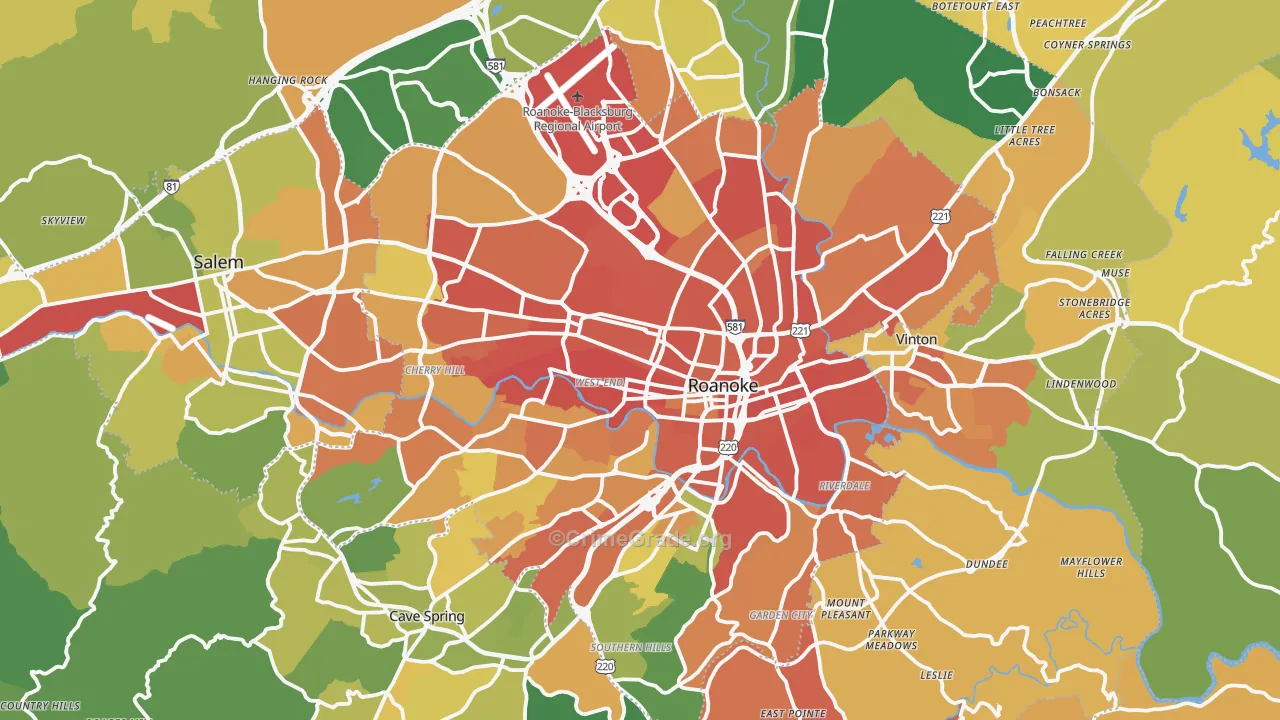 Roanoke, VA Map of Burglary Rates