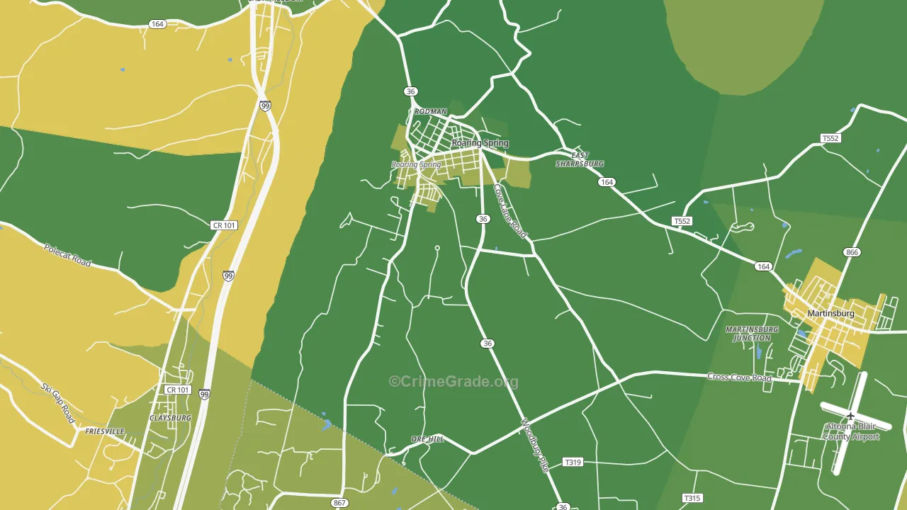 Roaring Spring, PA Map of Burglary Rates