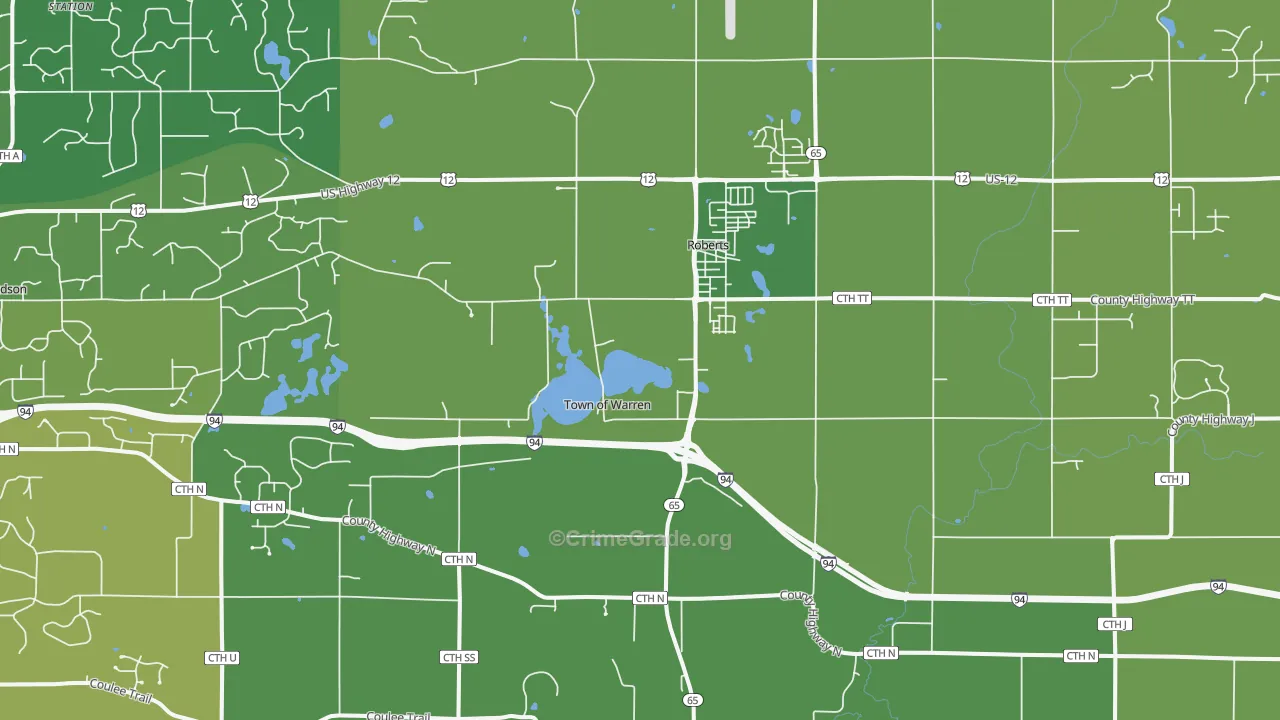 Roberts, WI Map of Burglary Rates