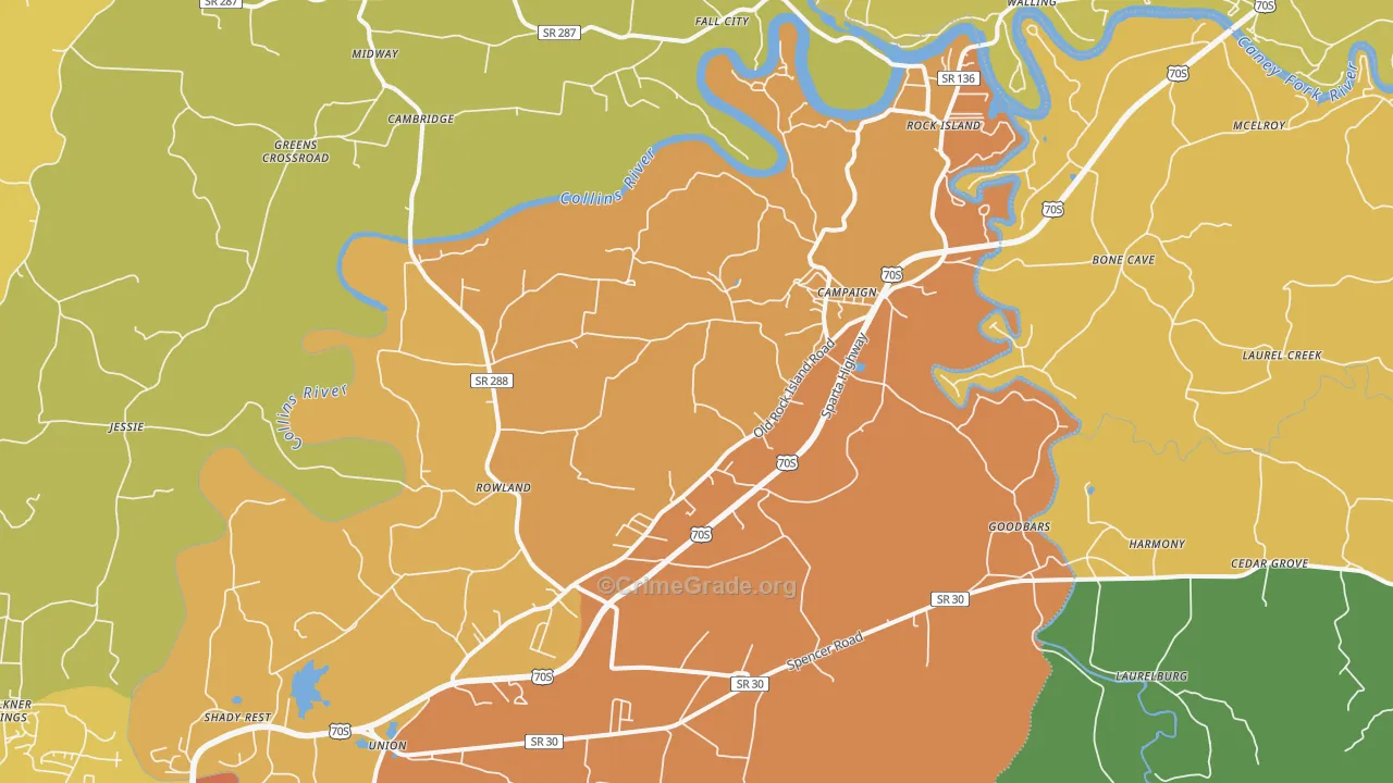 Rock Island, TN Map of Burglary Rates