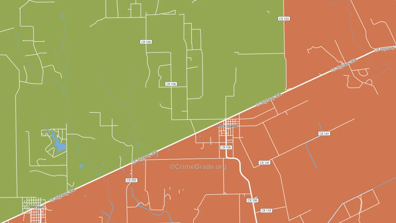 Rock Island, TX Map of Burglary Rates
