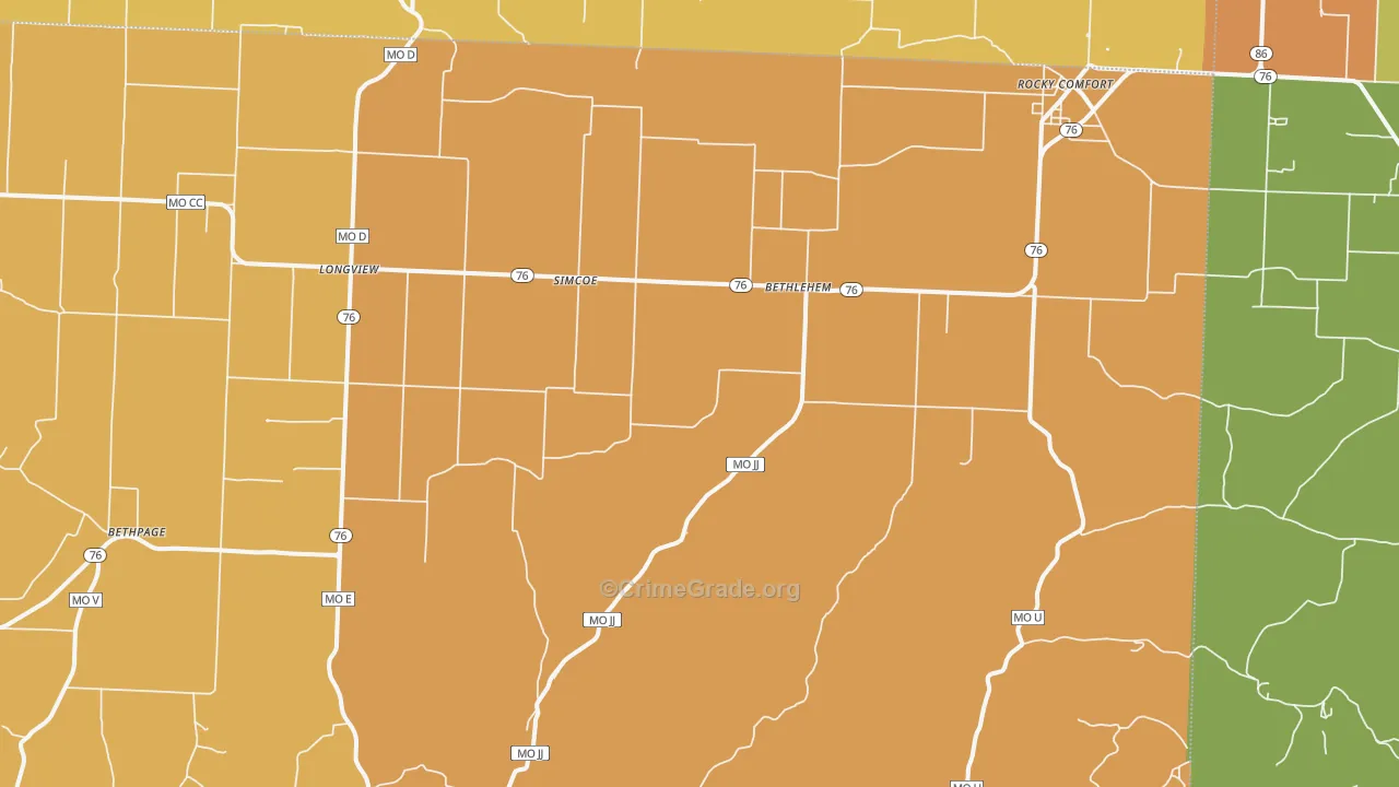 Rocky Comfort, MO Map of Burglary Rates