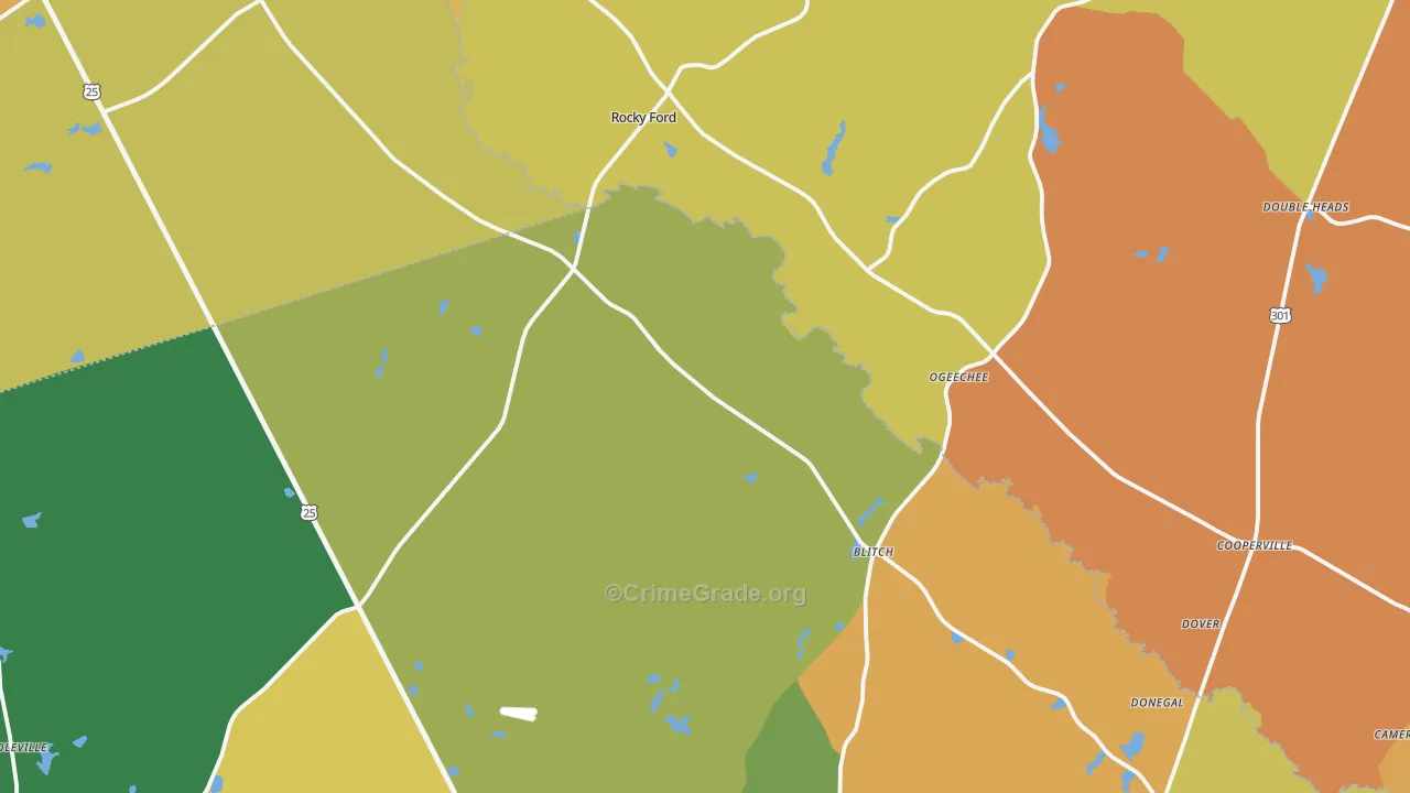 Rocky Ford, GA Map of Burglary Rates