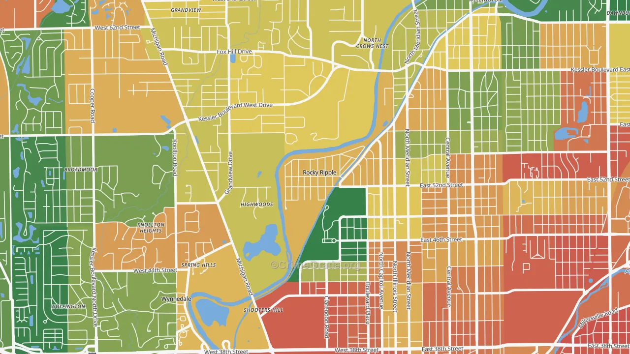 Rocky Ripple, IN Map of Burglary Rates