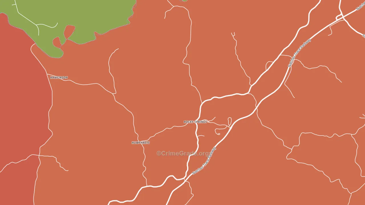 Rocky Springs, MS Map of Burglary Rates