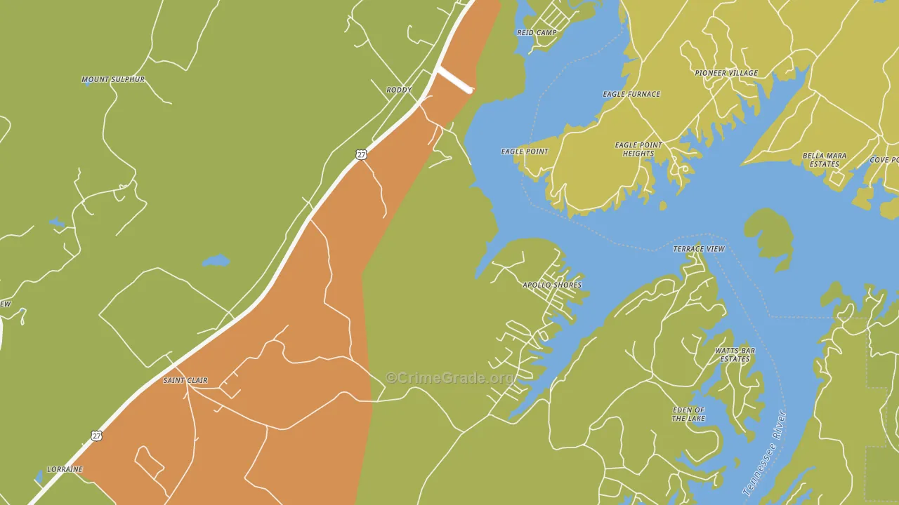 Roddy, TN Map of Burglary Rates