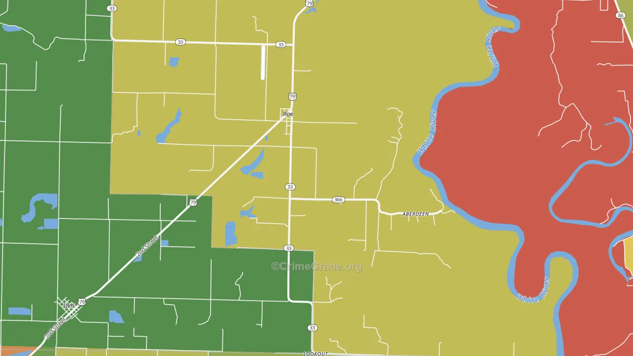 Roe, AR Map of Burglary Rates