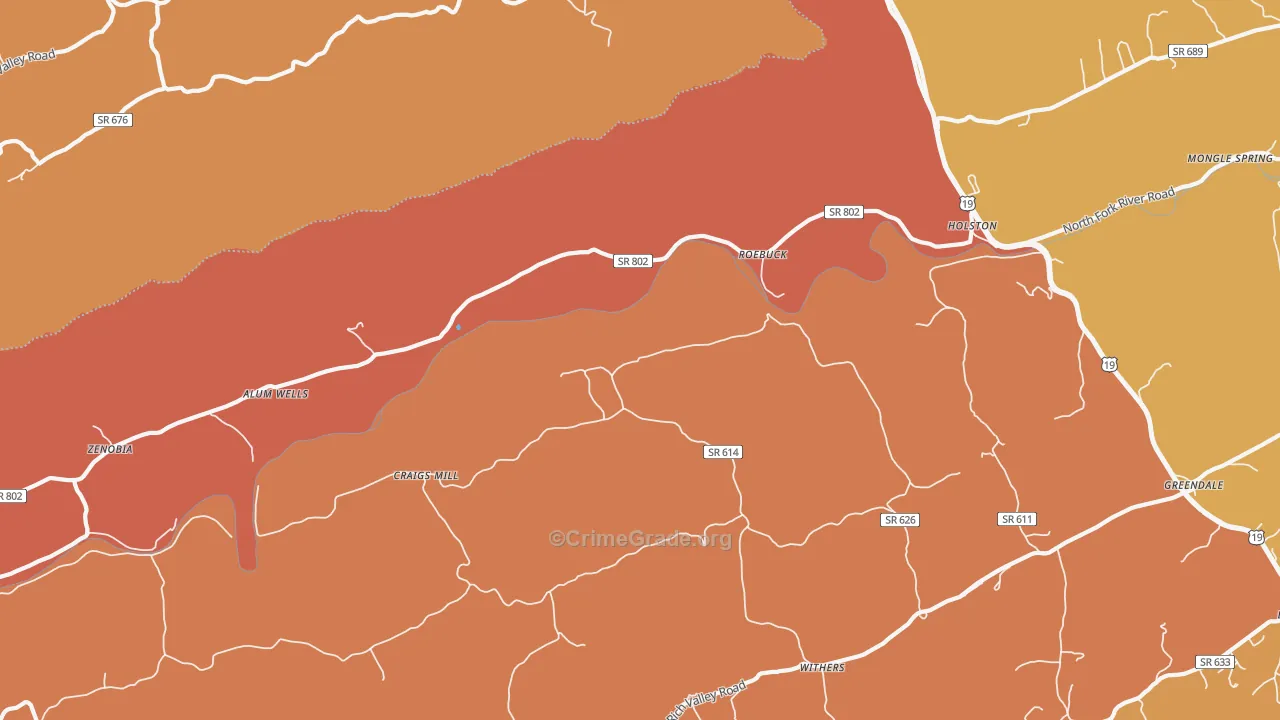 Roebuck, VA Map of Burglary Rates