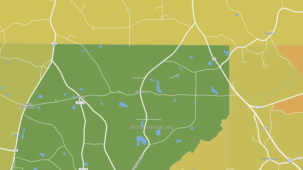 Roeton, AL Map of Burglary Rates