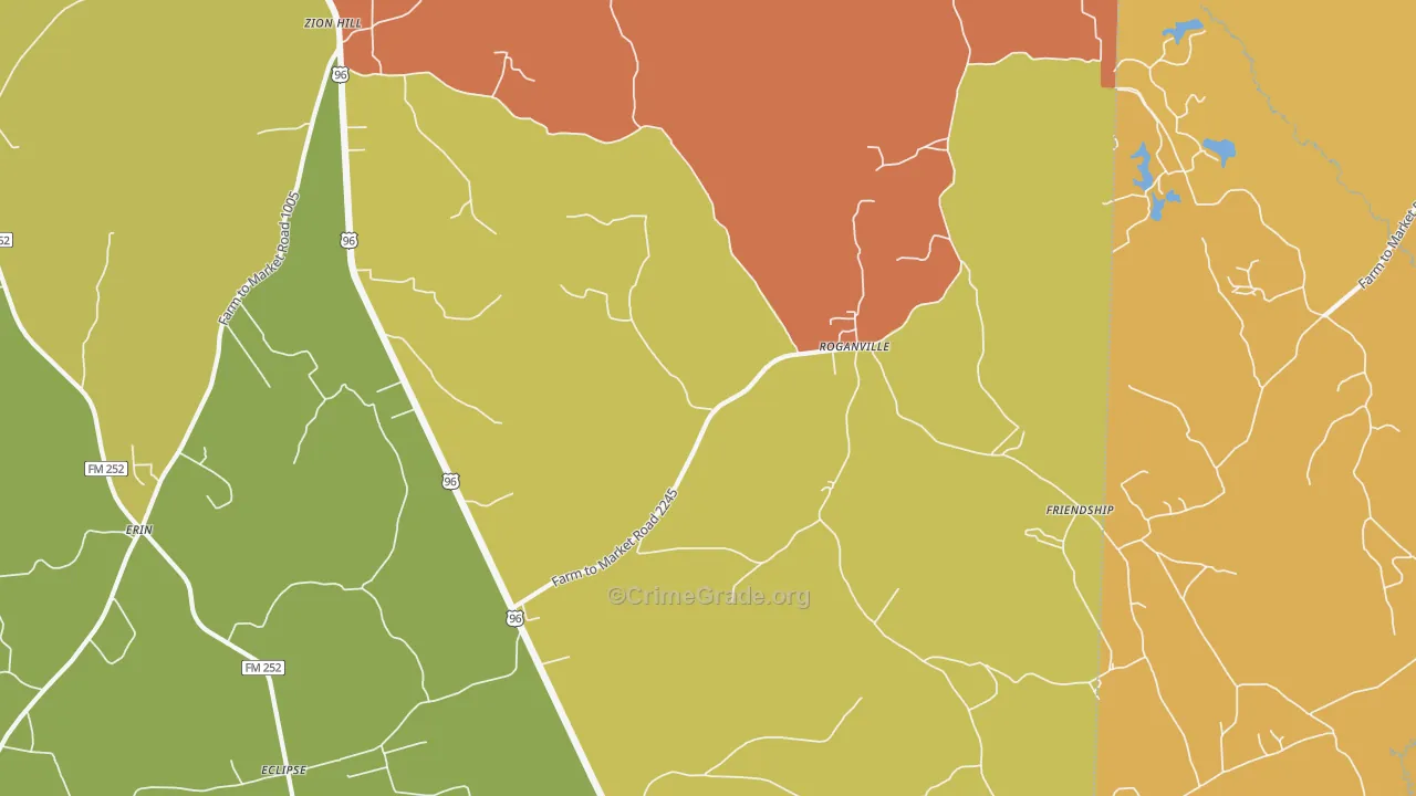 Roganville, TX Map of Burglary Rates